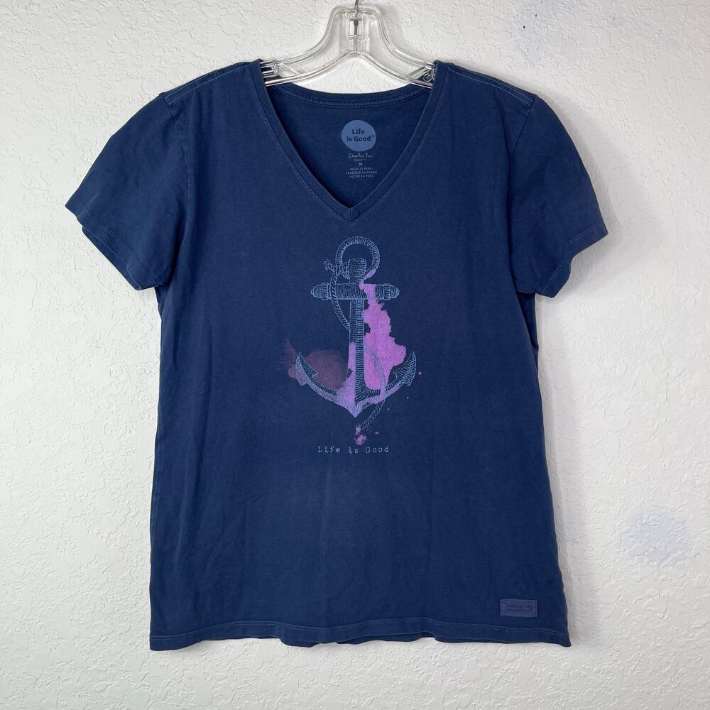 Life Is Good Crusher Tee Size M "Anchor" graphic front, 100% cotton, V-neck